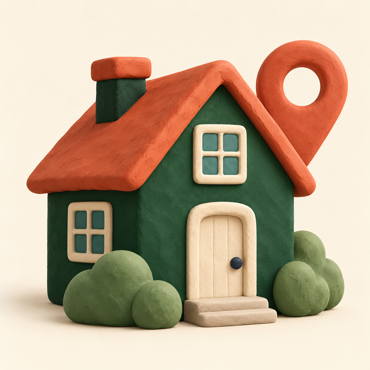 A plasticine green house with a terracotta roof, garden shrubs and a map pin.